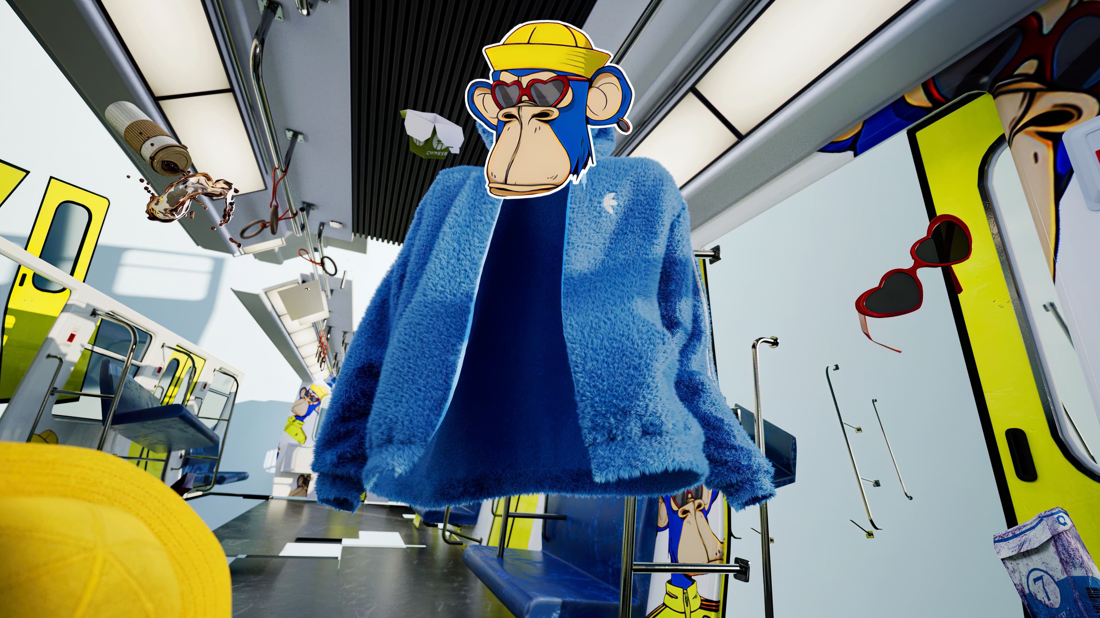 A blue Adidas jacket and Bored Ape character inside a digitally transformed train carriage