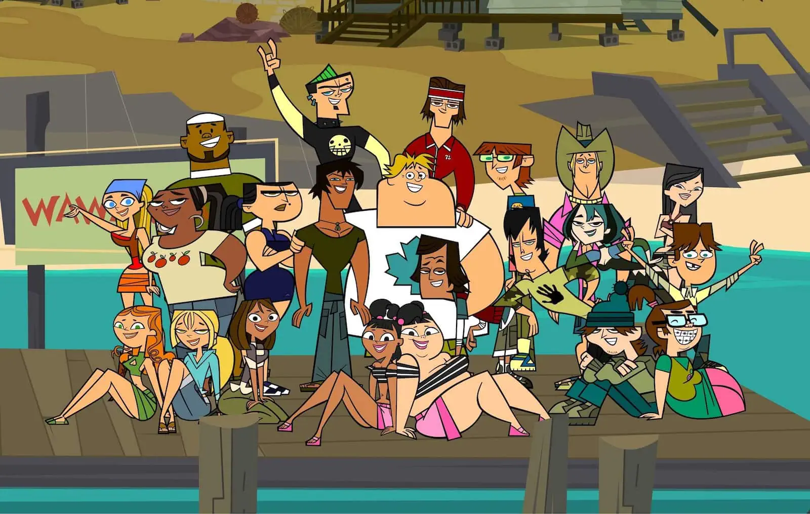 The cast of Total Drama Island gathered at the dock